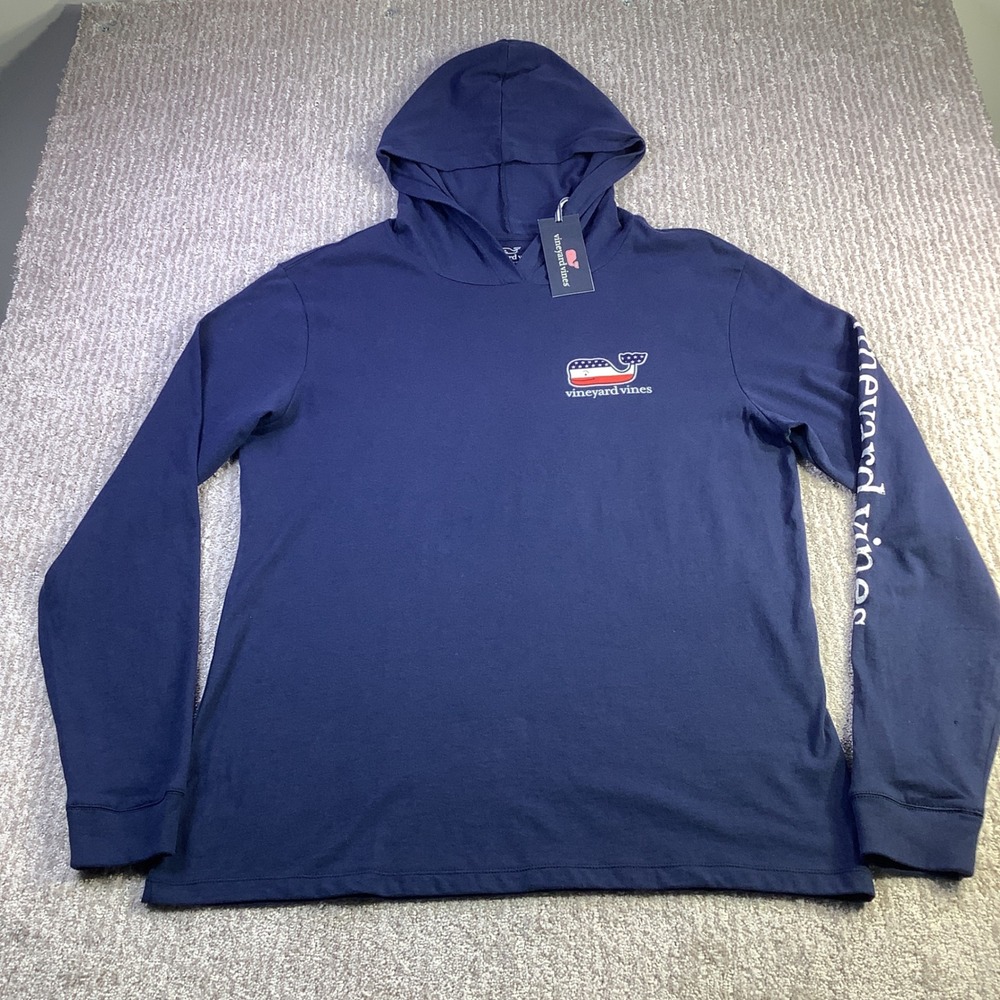 Vineyard Vines Mens LS Blank Hoodie T-Shirt Deep Bay Patriotic Whale M NWT - Picture 2 of 15